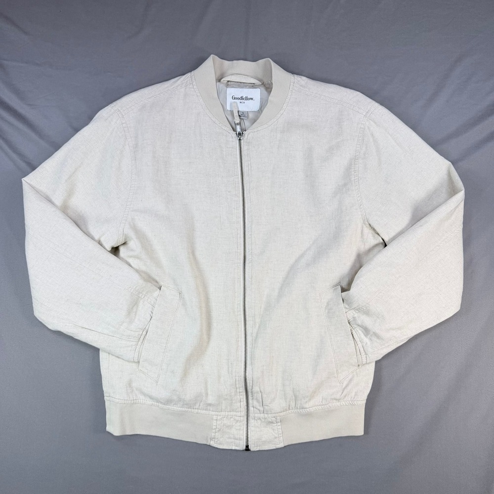 Goodfellow Mens S Tan Cotton Linen Varsity Jacket Full Zip Lightweight Bomber